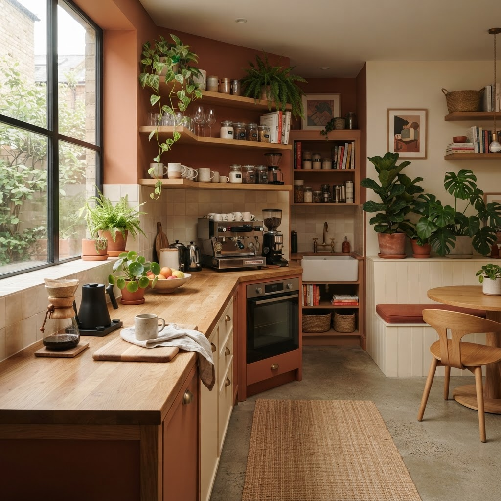 Shared breakout kitchen area with warm wooden counters