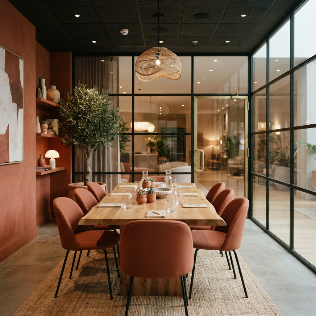 Glass-walled meeting room with a warm wooden table