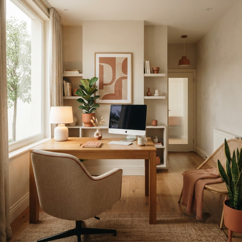 Private serviced office suite with a wooden desk and plants