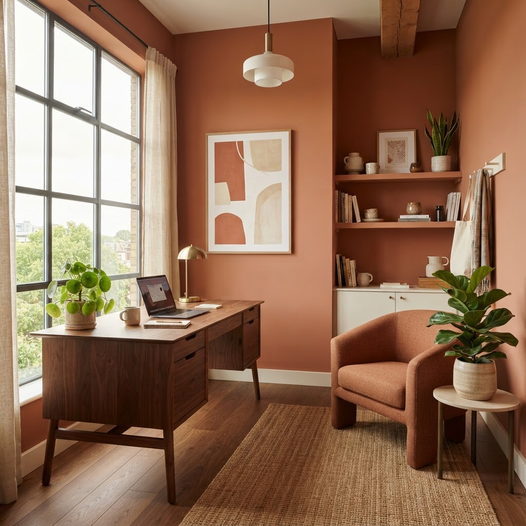 Sunlit private office suite with wooden desk and plants